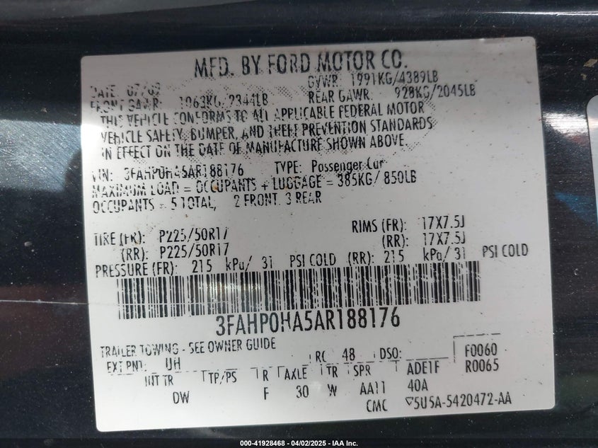 2010 FORD FUSION VIN: 3FAHP0HA5AR188176