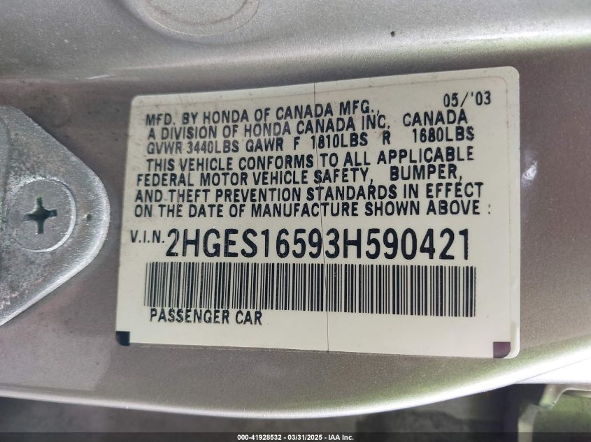 2003 Honda Civic Lx VIN: 2HGES16593H590421 Lot: 41928532