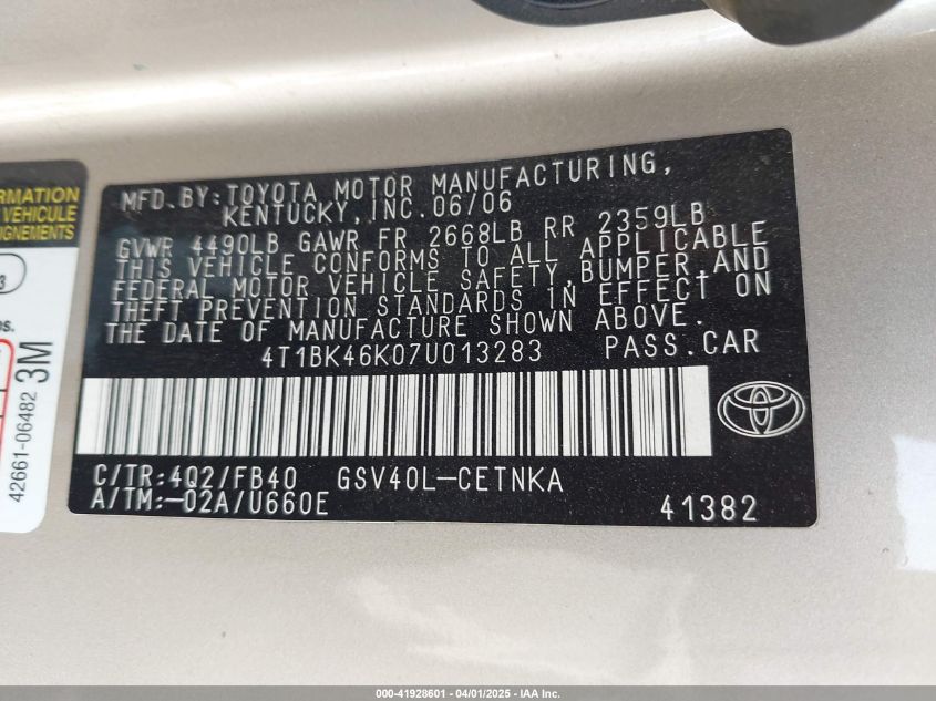 2007 Toyota Camry Le V6 VIN: 4T1BK46K07U013283 Lot: 41928601