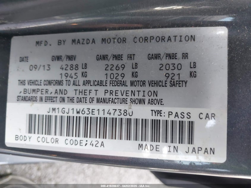 2014 MAZDA MAZDA6 VIN: JM1GJ1W63E1147380