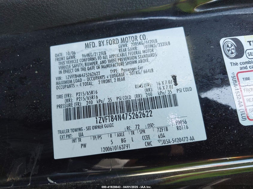 2007 FORD MUSTANG VIN: 1ZVFT84N475262622