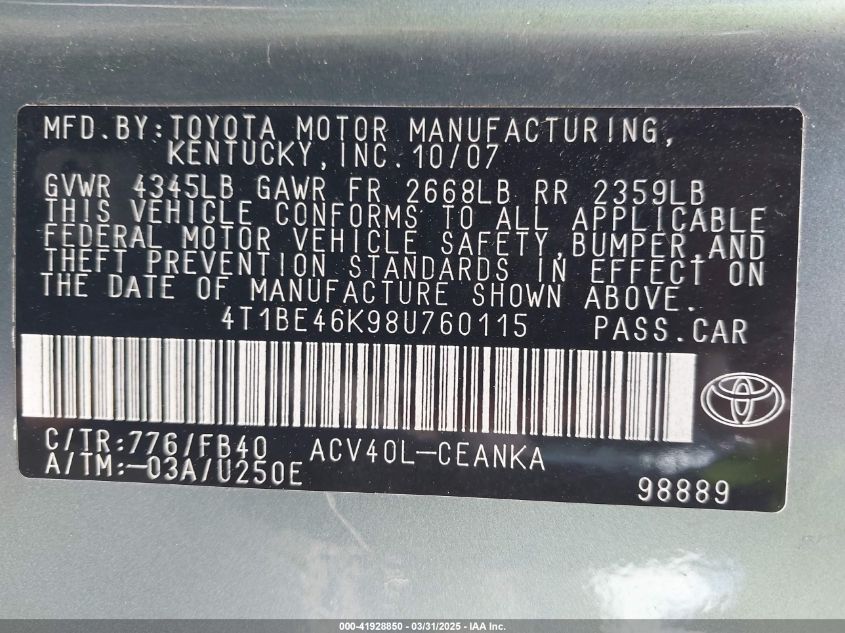 2008 Toyota Camry Le VIN: 4T1BE46K98U760115 Lot: 41928850