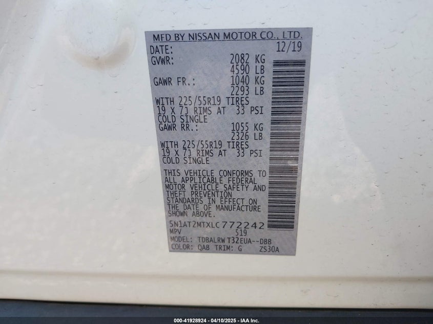 2020 NISSAN ROGUE VIN: 5N1AT2MTXLC772242