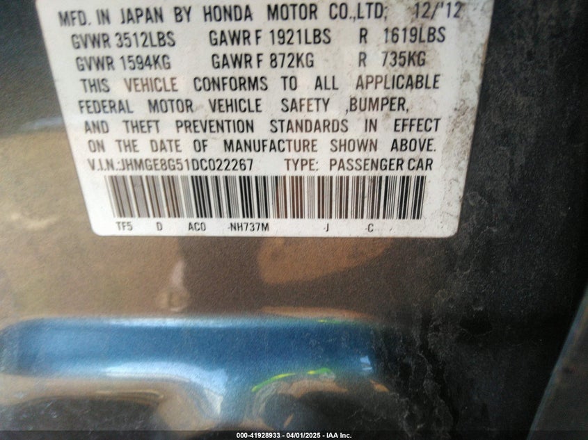 2013 HONDA FIT VIN: JHMGE8G51DC022267