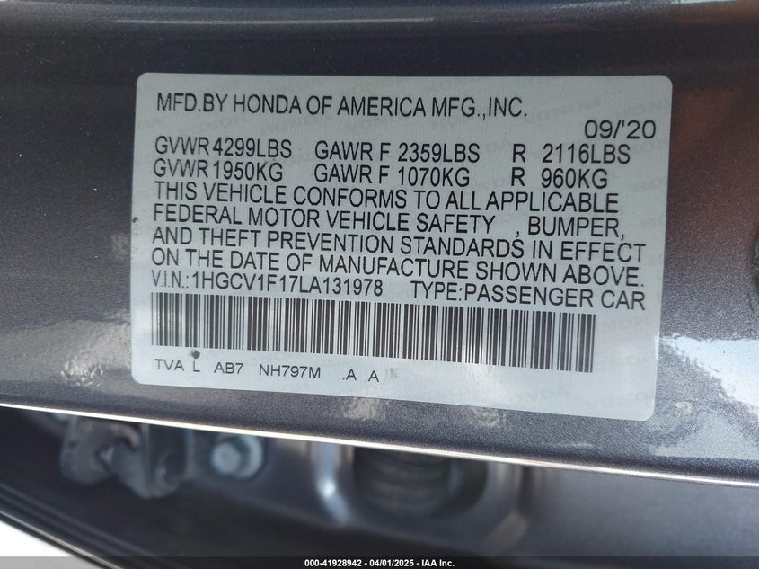 2020 HONDA ACCORD VIN: 1HGCV1F17LA131978