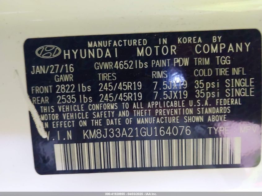 2016 Hyundai Tucson Sport VIN: KM8J33A21GU164076 Lot: 41928955