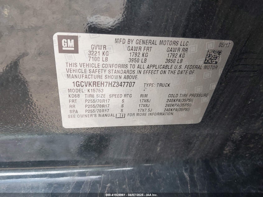 2017 CHEVROLET SILVERADO 1500 VIN: 1GCVKREH7HZ347707