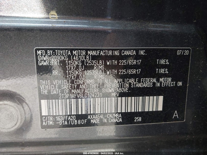 2020 TOYOTA RAV4 XLE/XLE PREMIUM - 2T3P1RFV6LC124231