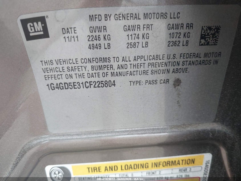 2012 BUICK LACROSSE VIN: 1G4GD5E31CF225804