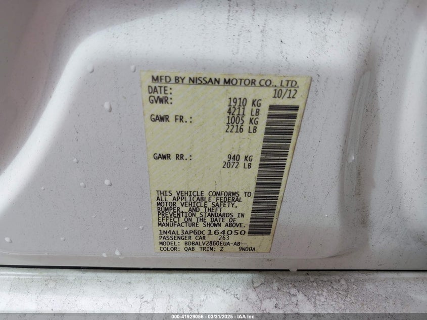 2013 NISSAN ALTIMA VIN: 1N4AL3AP6DC164050