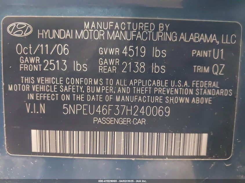 2007 HYUNDAI SONATA VIN: 5NPEU46F37H240069