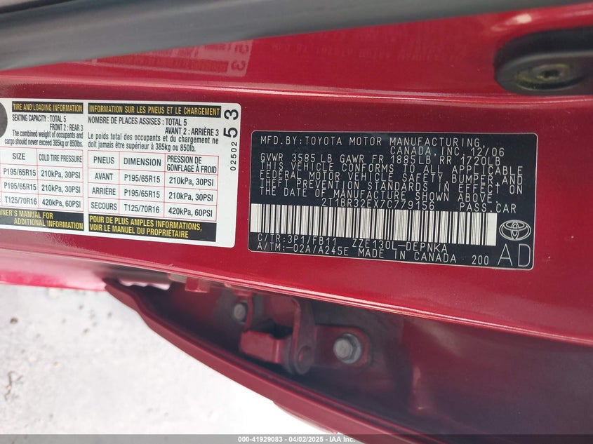 2007 TOYOTA COROLLA VIN: 2T1BR32EX7C779156