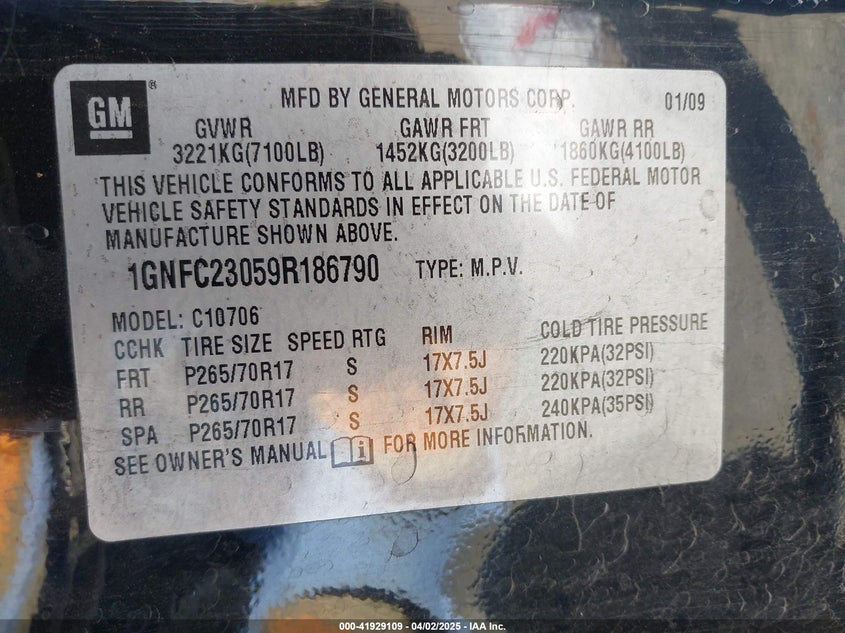 2009 CHEVROLET TAHOE VIN: 1GNFC23059R186790