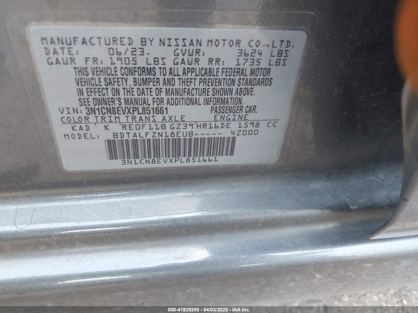 2023 NISSAN VERSA VIN: 3N1CN8EVXPL851661