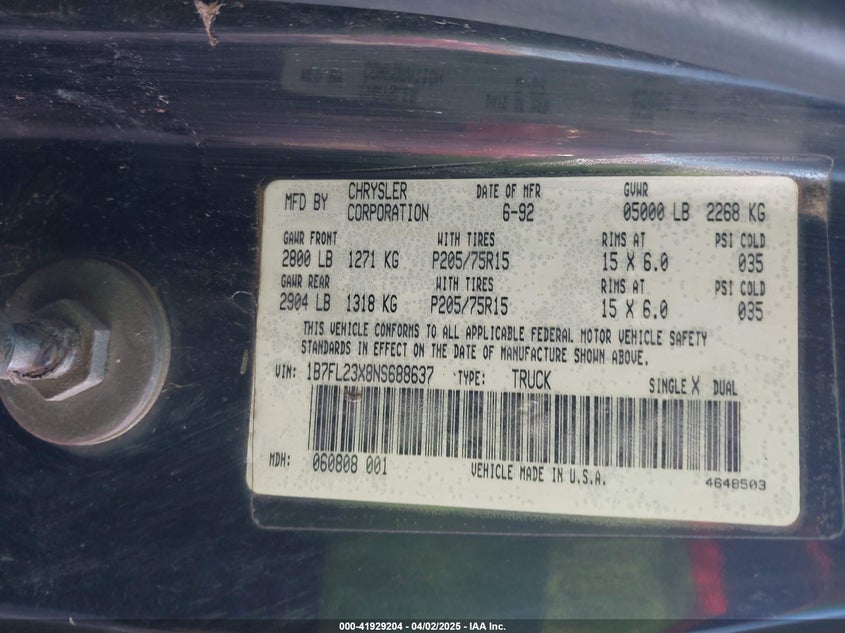 1992 Dodge Dakota VIN: 1B7FL23X8NS688637 Lot: 41929204