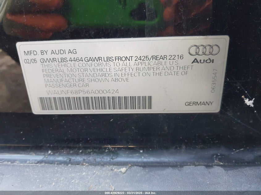 2006 Audi A3 2.0T VIN: WAUNF68P56A000424 Lot: 41929223