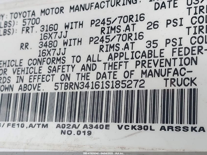 2001 Toyota Tundra Sr5 VIN: 5TBRN34161S185272 Lot: 41929240