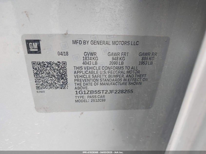 VIN 1G1ZB5ST2JF228255 2018 CHEVROLET MALIBU 1LS