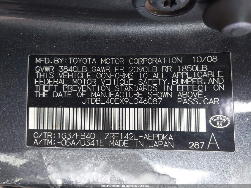 2009 TOYOTA COROLLA VIN: JTDBL40EX9J046087