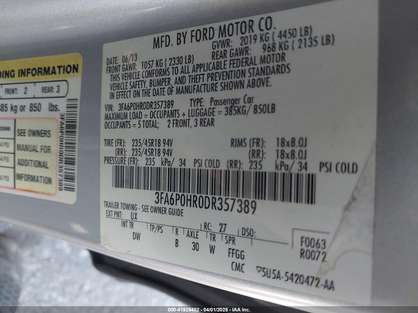 2013 FORD FUSION VIN: 3FA6P0HR0DR357389