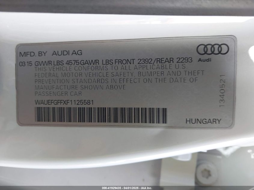 2015 Audi A3 2.0T Premium VIN: WAUEFGFFXF1125581 Lot: 41929435