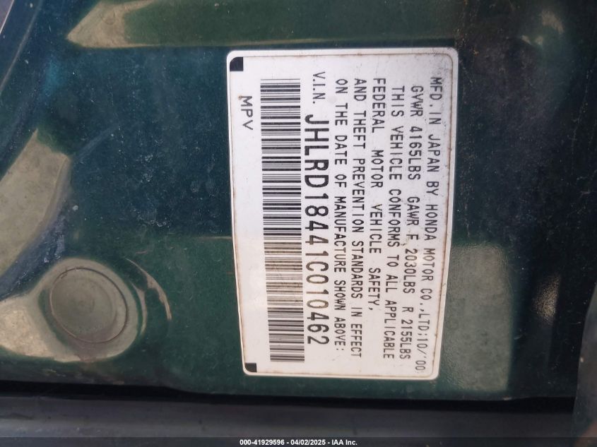 2001 Honda Cr-V Lx VIN: JHLRD18441C010462 Lot: 41929596