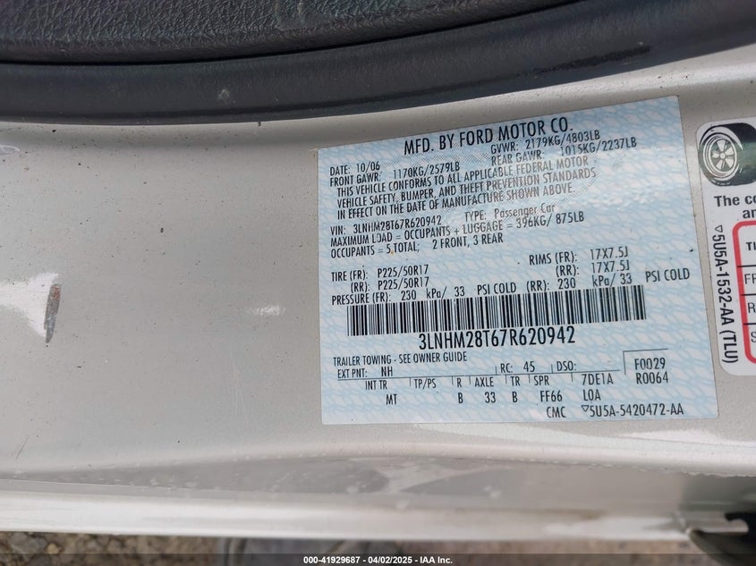 2007 LINCOLN MKZ VIN: 3LNHM28T67R620942