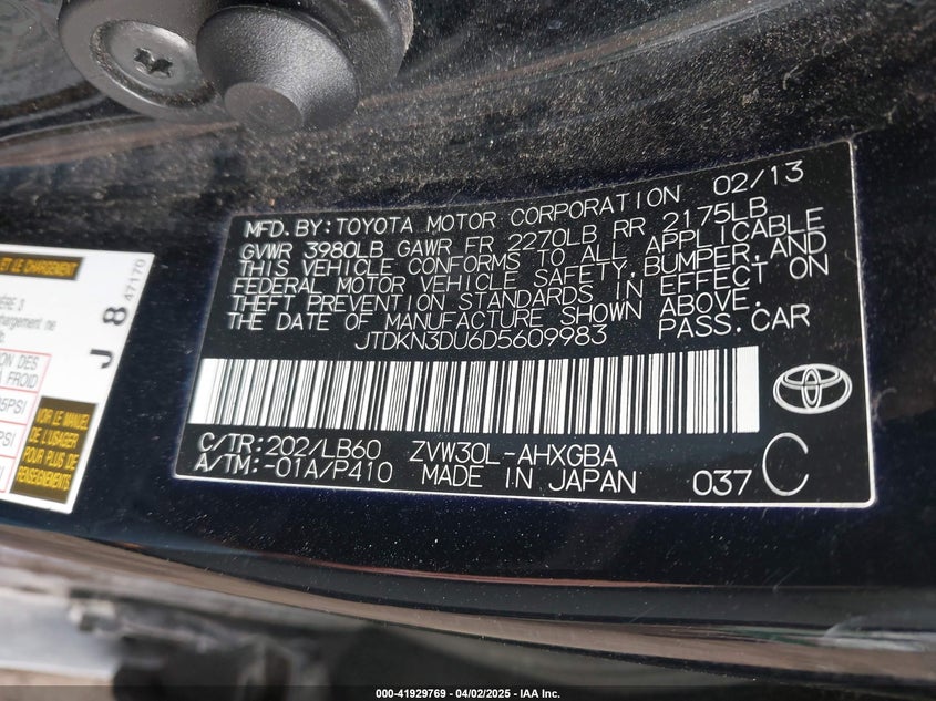 2013 TOYOTA PRIUS VIN: JTDKN3DU6D5609983