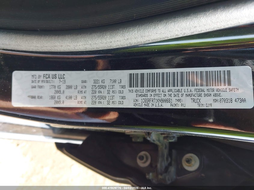 2019 RAM 1500 VIN: 1C6SRFRT1KN900661
