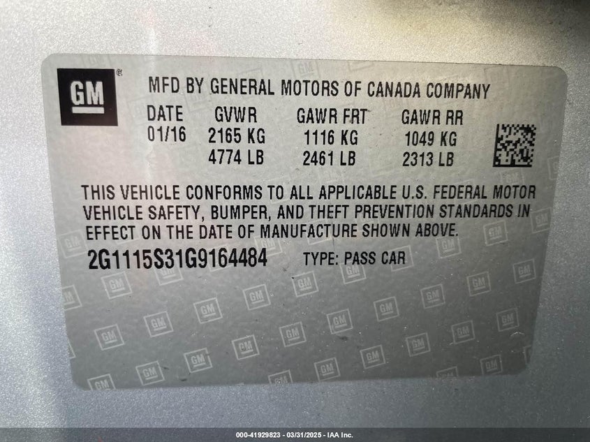 2016 CHEVROLET IMPALA VIN: 2G1115S31G9164484