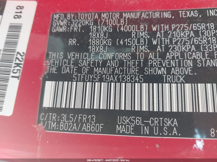2010 TOYOTA TUNDRA VIN: 5TFUY5F19AX138345