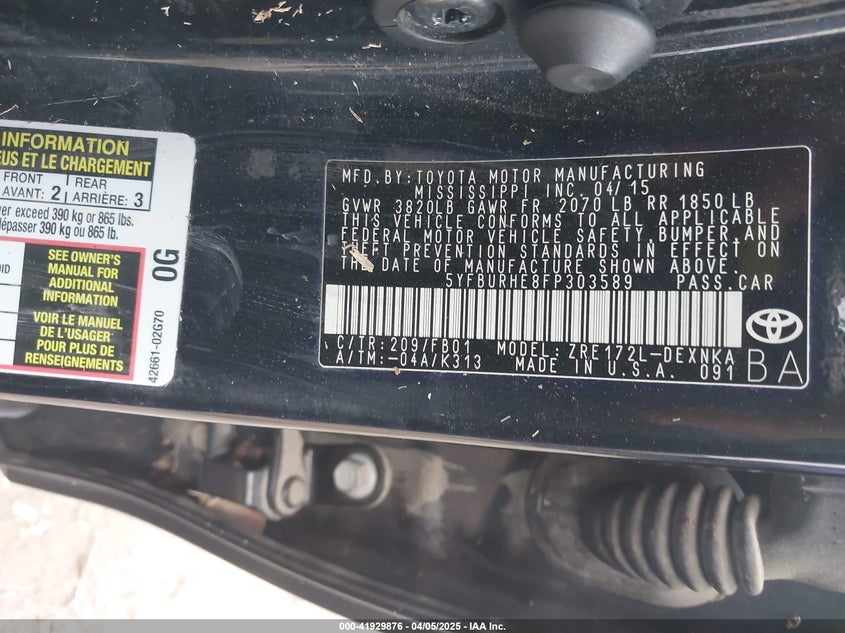 2015 TOYOTA COROLLA VIN: 5YFBURHE8FP303589