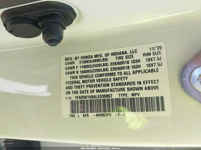 2020 HONDA CR-V 2WD EX-L - 7FARW1H84LE030067