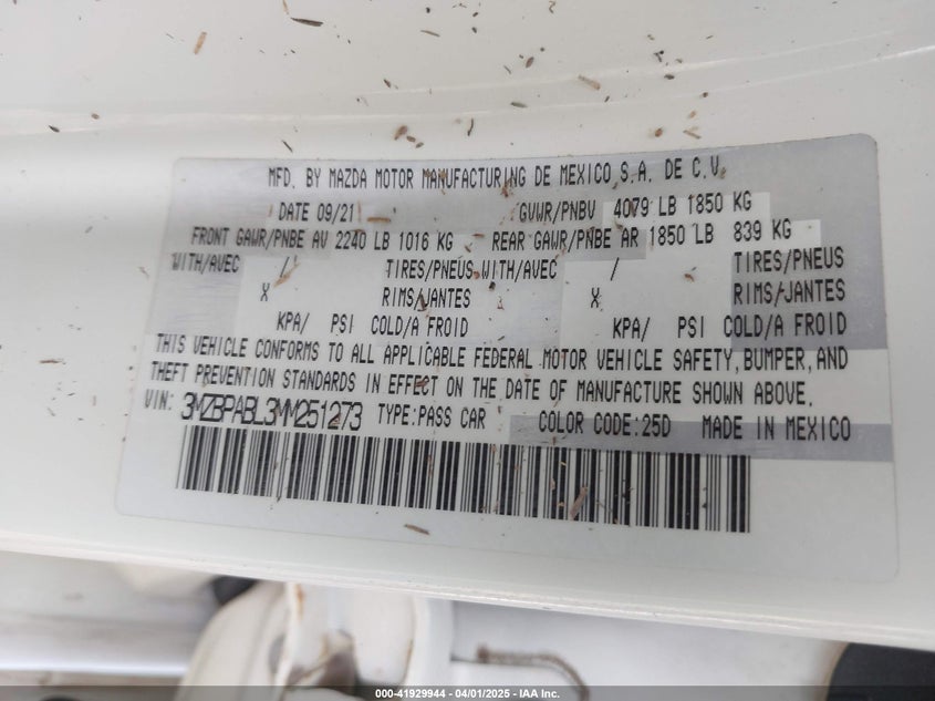 2021 MAZDA MAZDA3 VIN: 3MZBPABL3MM251273