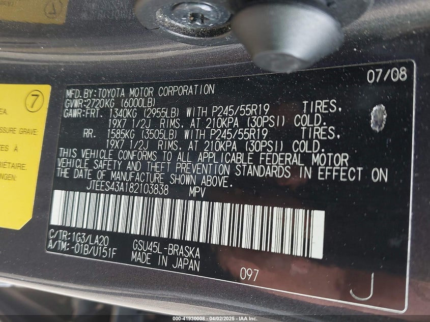 2008 TOYOTA HIGHLANDER VIN: JTEES43A182103838