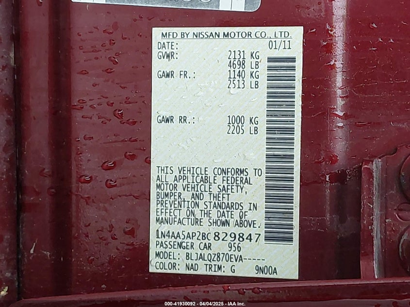 2011 NISSAN MAXIMA VIN: 1N4AA5AP2BC829847