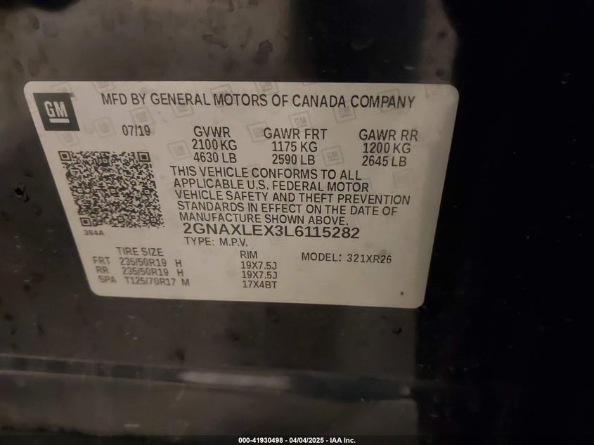 2020 CHEVROLET EQUINOX VIN: 2GNAXLEX3L6115282