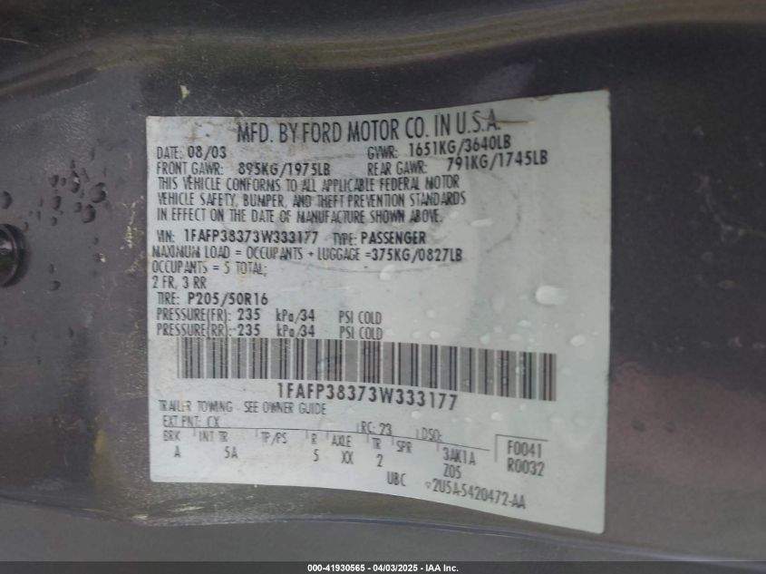 2003 Ford Focus Zts VIN: 1FAFP38373W333177 Lot: 41930565