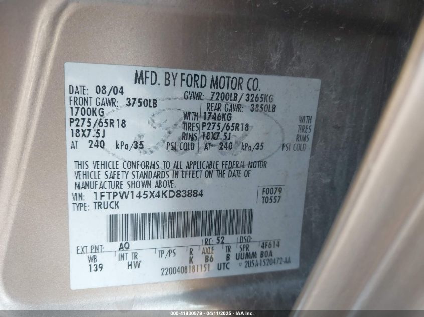 2004 Ford F-150 Fx4/Lariat/Xlt VIN: 1FTPW145X4KD83884 Lot: 41930579