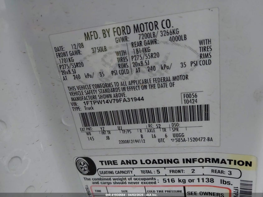 2009 FORD F-150 VIN: 1FTPW14V79FA31944