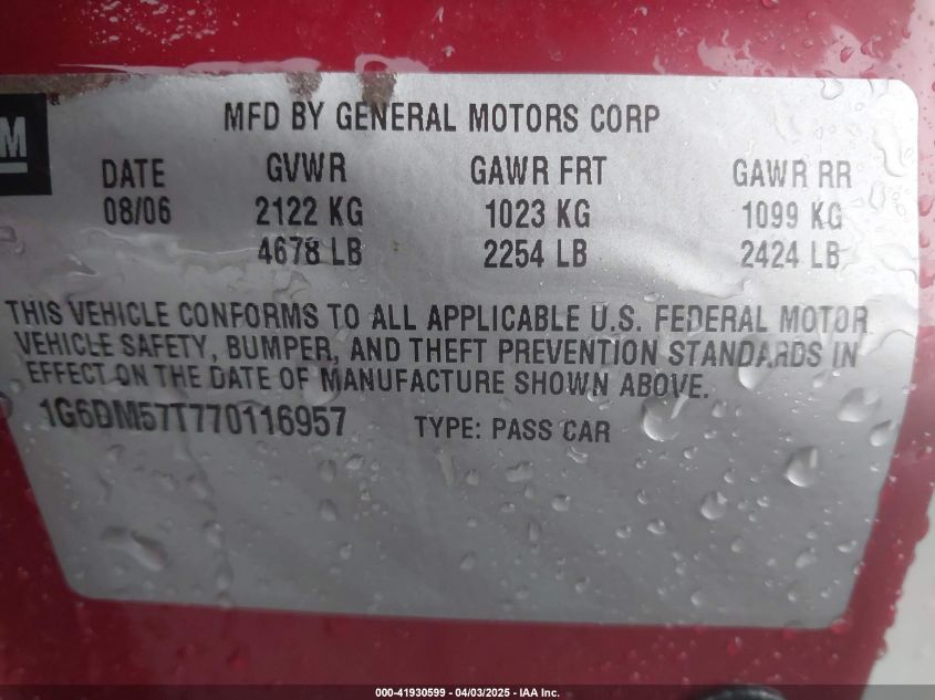 2007 Cadillac Cts Standard VIN: 1G6DM57T770116957 Lot: 41930599