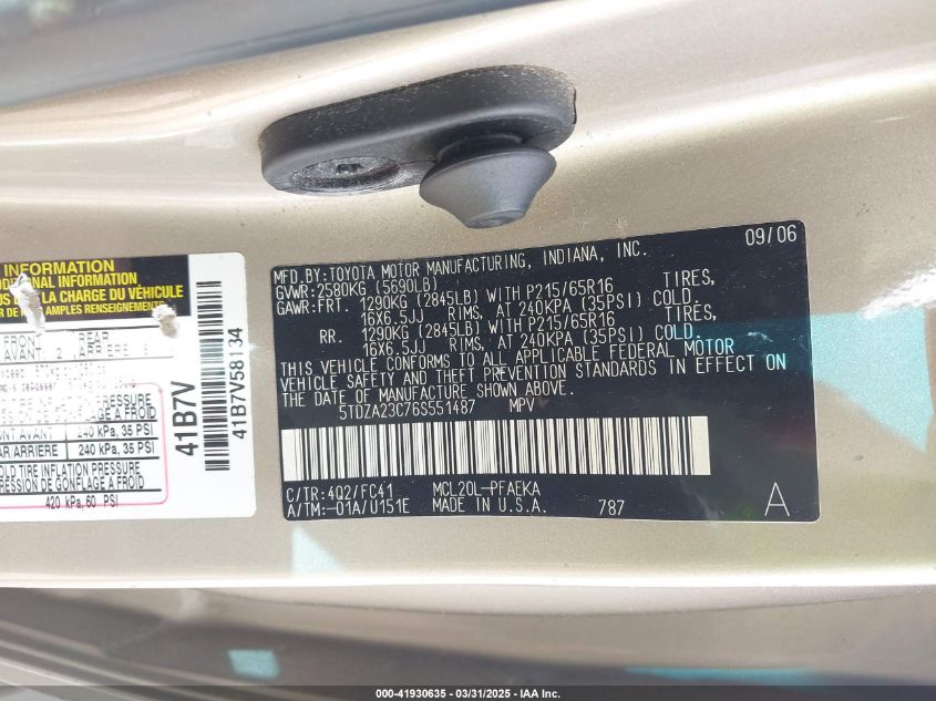 2006 Toyota Sienna Le VIN: 5TDZA23C76S551487 Lot: 41930635