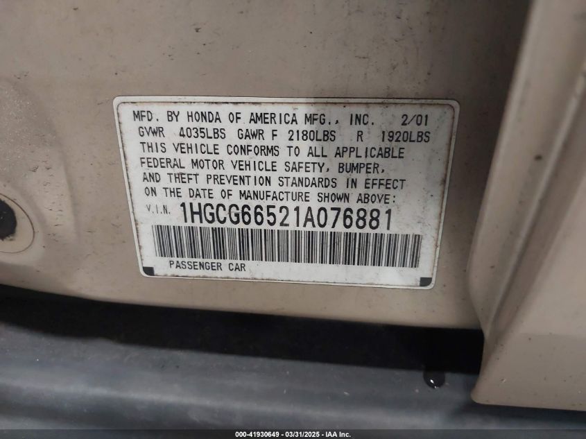 2001 Honda Accord 2.3 Lx VIN: 1HGCG66521A076881 Lot: 41930649