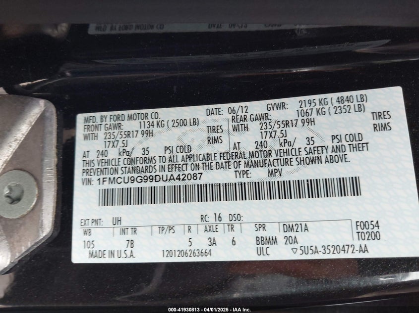 2013 FORD ESCAPE VIN: 1FMCU9G99DUA42087