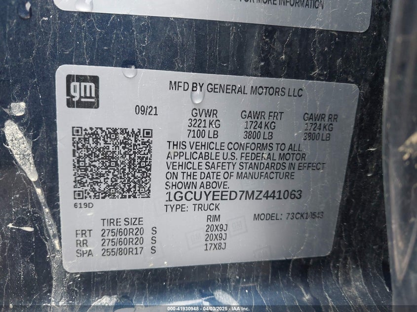 2021 CHEVROLET SILVERADO 1500 VIN: 1GCUYEED7MZ441063