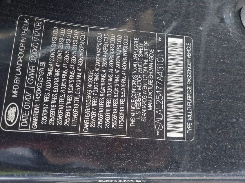 2007 Land Rover Lr3 V8 Se VIN: SALAE25477A431011 Lot: 41930955