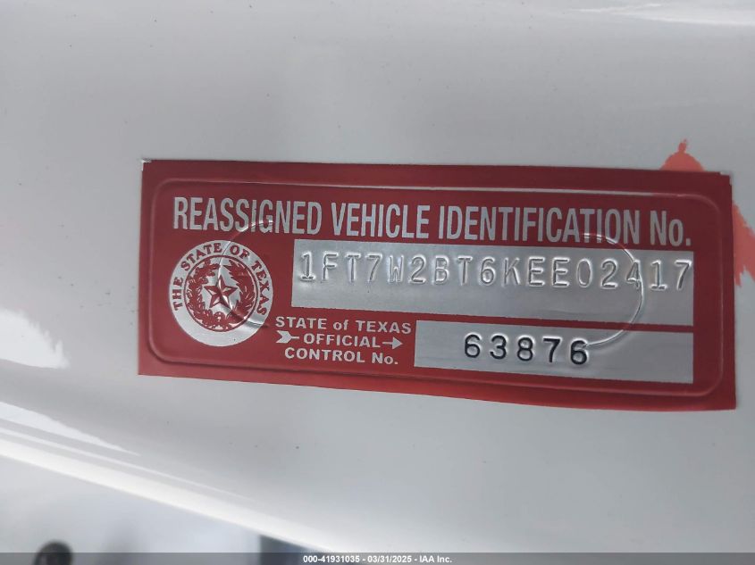 2019 Ford F-250 Lariat VIN: 1FT7W2BT6KEE02417 Lot: 41931035