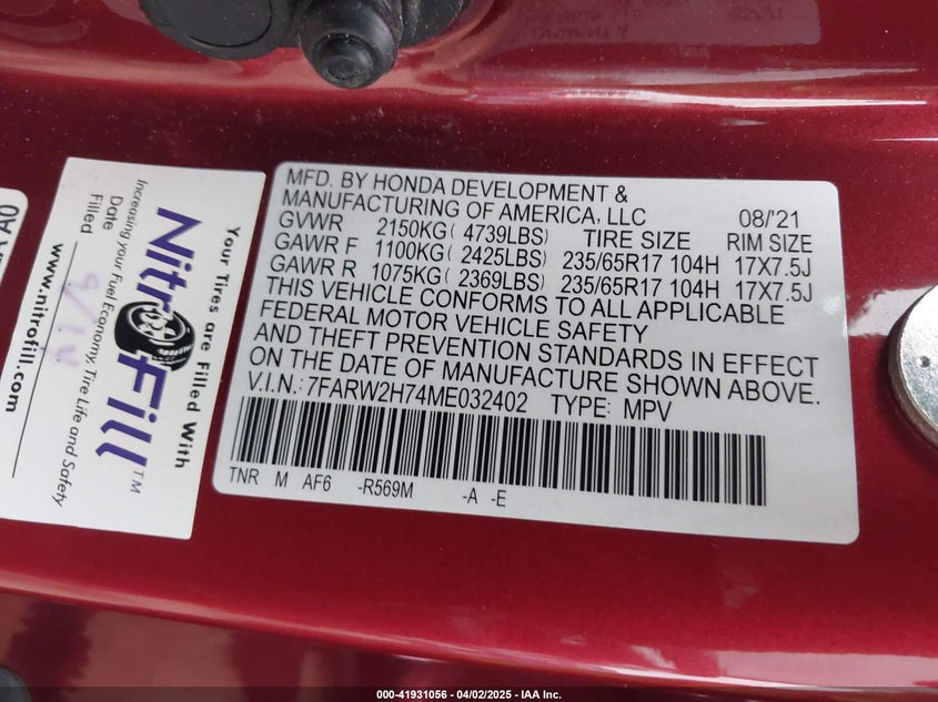 2021 HONDA CR-V VIN: 7FARW2H74ME032402