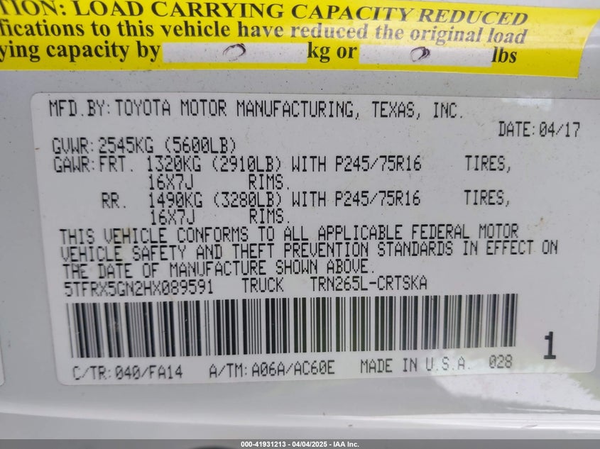 2017 TOYOTA TACOMA VIN: 5TFRX5GN2HX089591