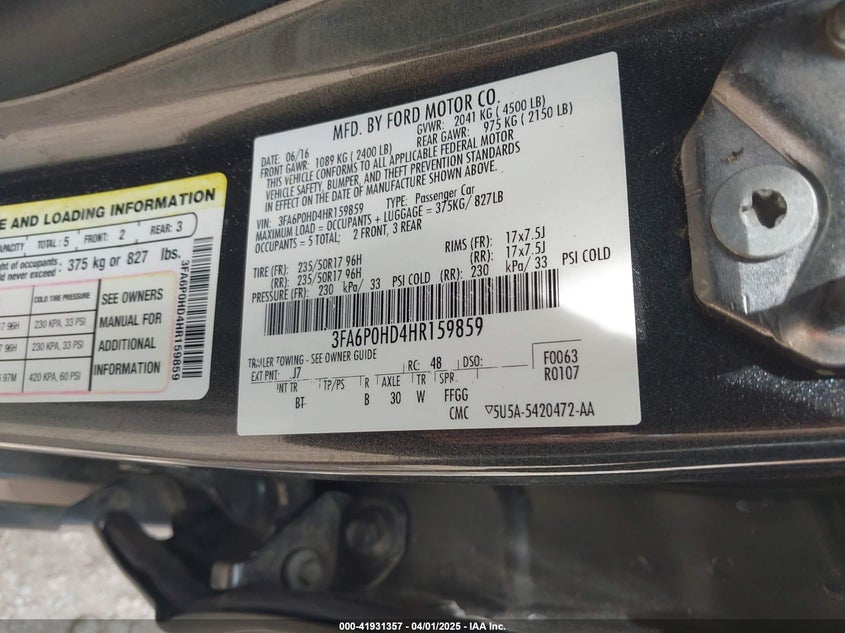 2017 FORD FUSION VIN: 3FA6P0HD4HR159859